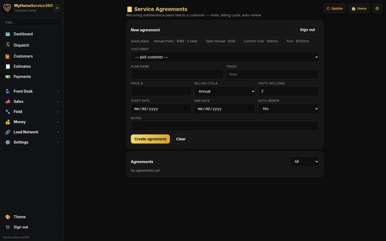 Service agreements screen with quick plan templates, billing cycle, visits and auto-renew