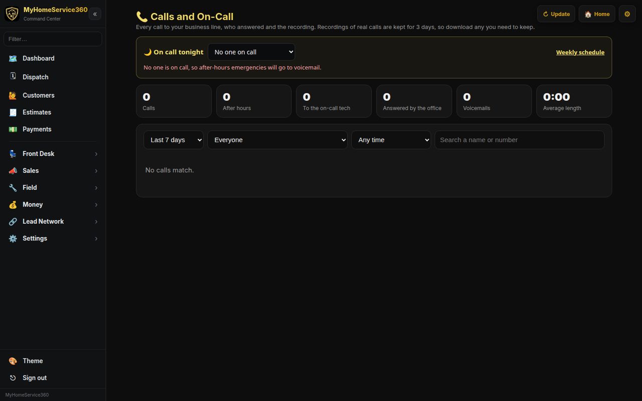 Calls and on-call screen with tonight’s on-call picker and call totals
