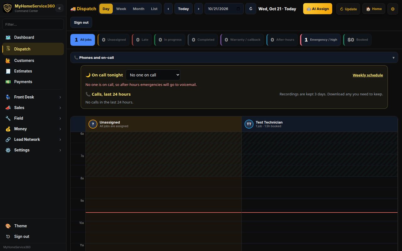 MyHomeService360 dispatch board showing the day view with job filters and the on-call panel