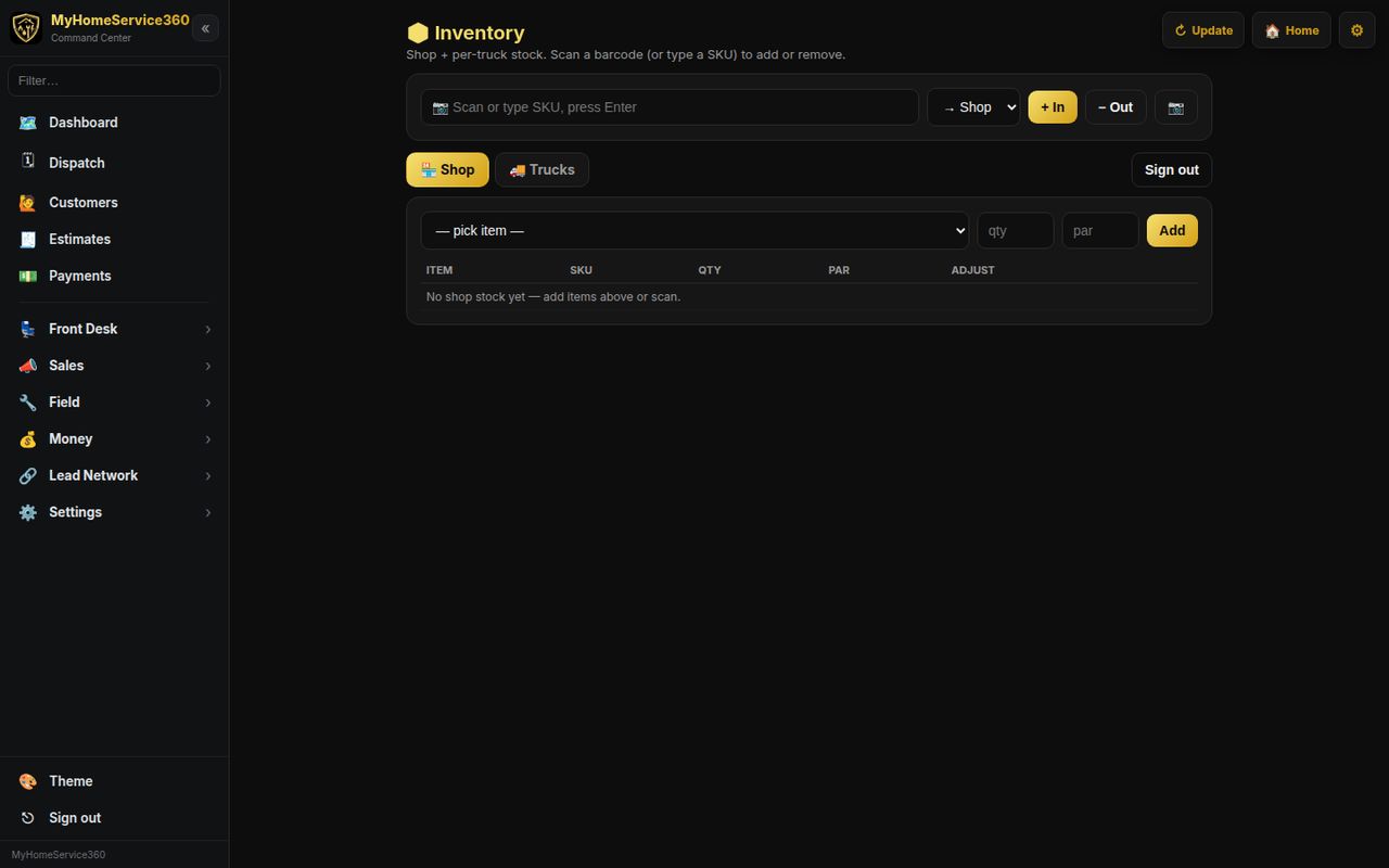 Inventory screen with barcode scan, shop and truck stock