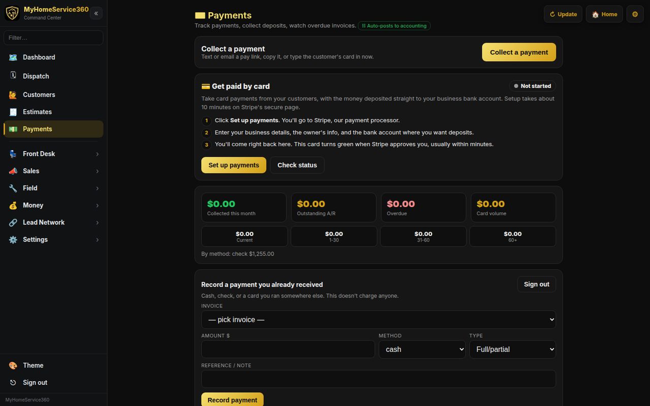 The payments center with collect-a-payment, card setup steps and an accounts receivable aging summary