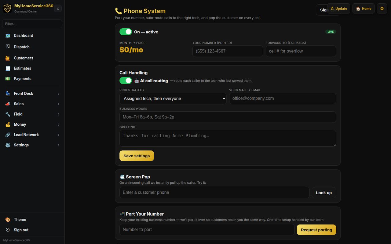 Phone system settings with call routing, business hours, screen pop and number porting