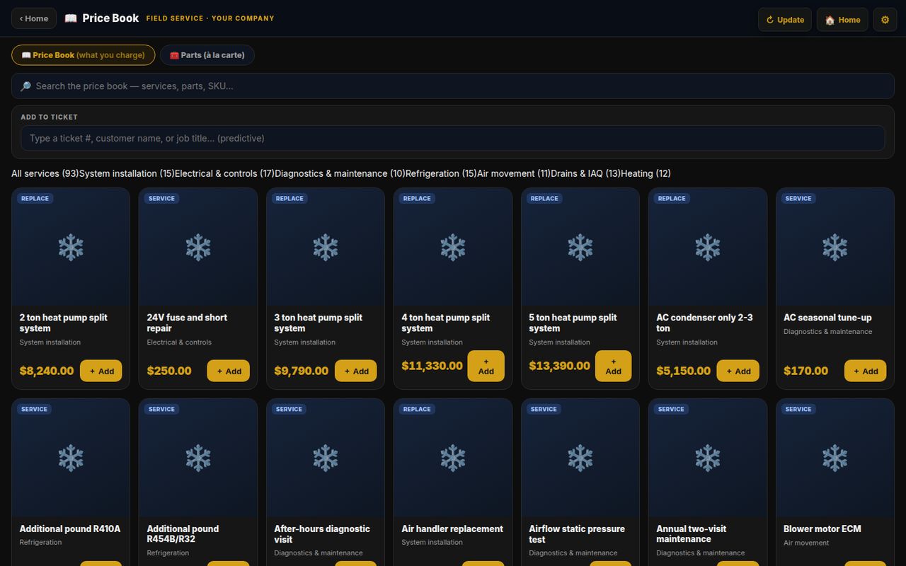 The price book lookup with flat-rate HVAC services, categories and add-to-ticket buttons