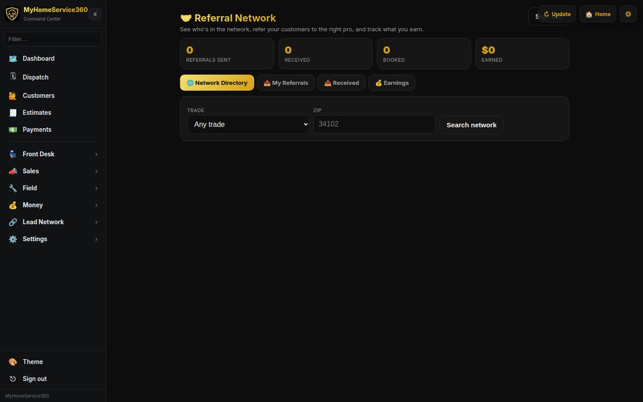 The referral network screen with referrals sent, received, booked and earned, and a network directory search by trade and ZIP
