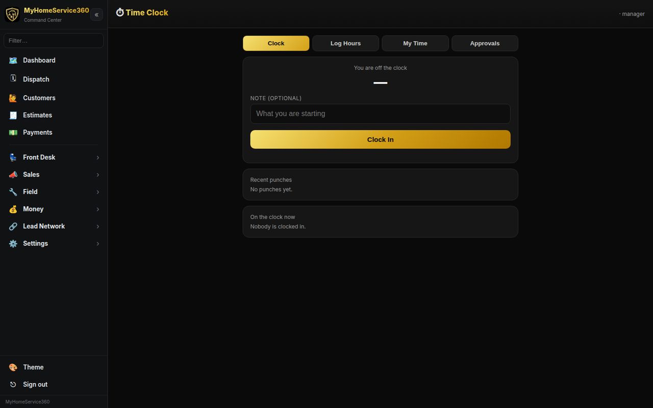 Time clock with clock in, log hours, my time and approvals tabs